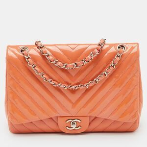 Chanel Peach Jumbo Chevron Patent Leather Classic Single Flap Bag